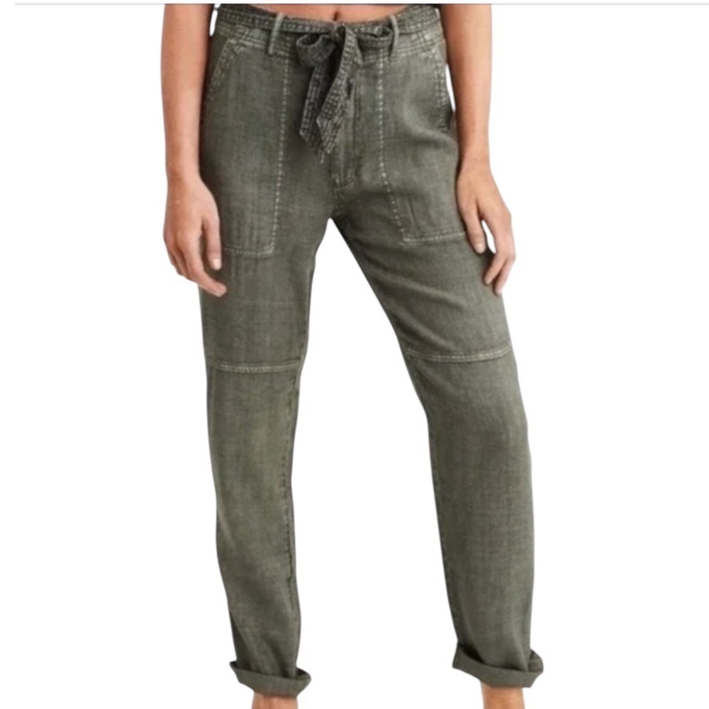 AMERICAN EAGLE Linen Blend Pants TIE BELT SLOUCHY TAPER Hi-Rise Sage Green 4-R